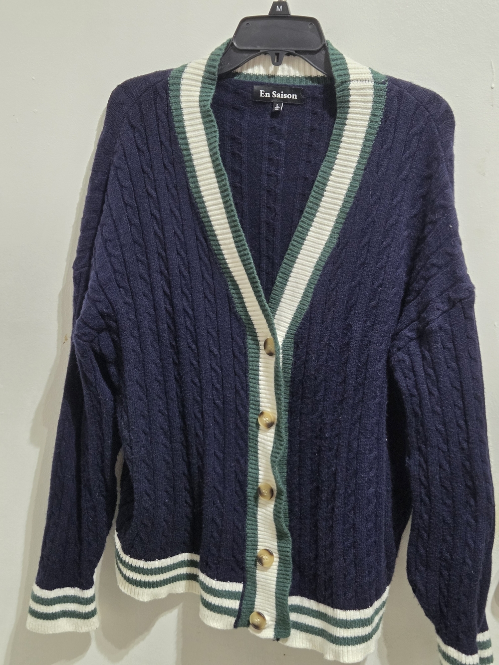 En Saison Navy Cable-Knit Cardigan with Cream and Green Trim